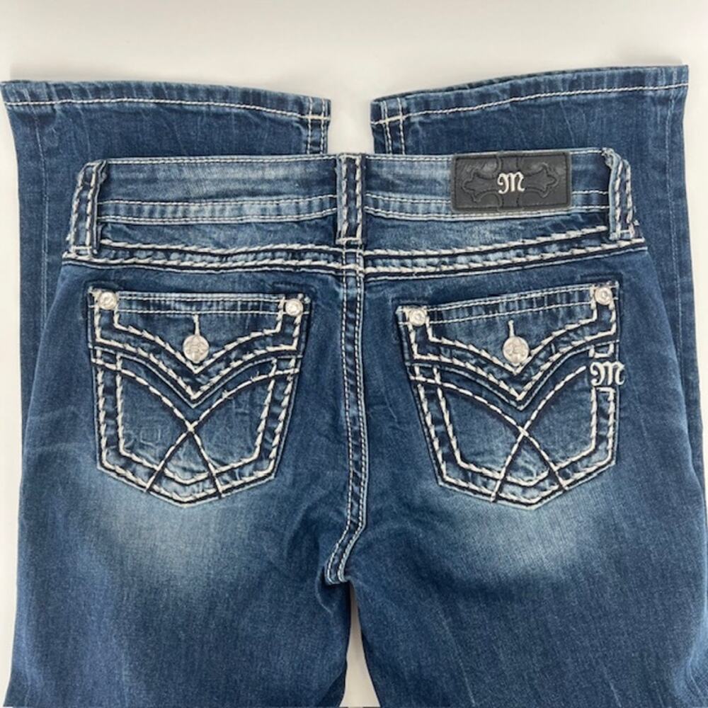 Miss Me Mid Rise Bootcut Denim Jeans Womens 28 Rhinestone Flap Pocket Dark Wash